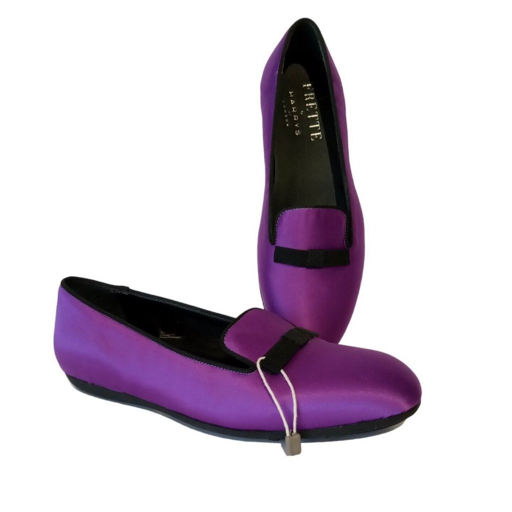 Harrys of London FRETTE Purple Flats  sz 5.5  Made Italy  Bows  Satin Shoes  NEW